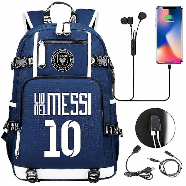Fodbold Messi Rygsæk | Rummelig vandtæt rejsetaske | Sort skoletaske med USB-oplader | Perfekt til rejser og skole
