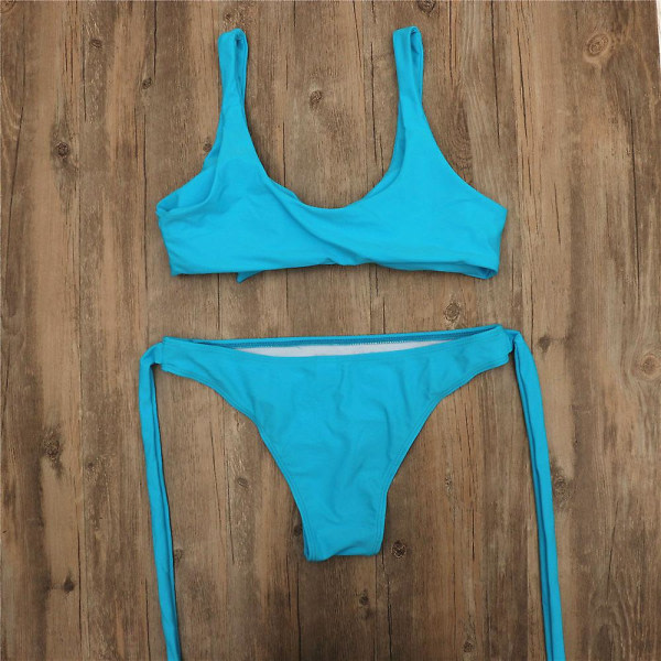 Sexig bikinibaddräkt för kvinnor med print knytknut framre stringtrosa nederdel badkläder set blå L