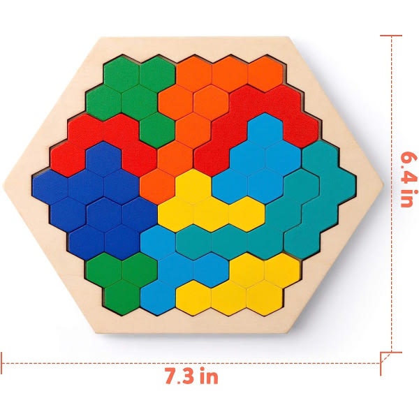 CDQ Hexagonpuslespil i træ til børn - Formmønsterblokke Tangram Brain Teaser Legetøj Geometri Logik