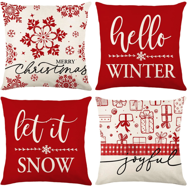 Julkuddfodral 18 * 18 tum Linnekuddfodral Cover Snöflinga röd Vinter fritidshus Soffa Sovrum Set med 4(JYM212)