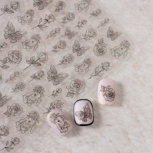 Påske Kanin Nail Art Klistremerke Sommerfugl Rose Negleklistremerker 3D Selvklebende Motetrend Glamour Blomst Neglekunst Negl 1 ark, Rose og Kanin