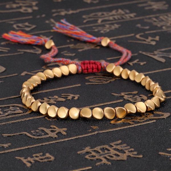 Handgjorda tibetansk kopparpärlorarmbånd, buddhistisk vævt bomullsrep bærearmbånd, beskytter lycka til opnåelse af amulett