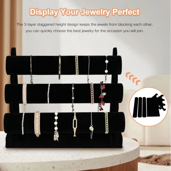 Sammetsarmbandshållare med 3-våningsställ, svart löstagbart smyckesdisplaystativ T-Bar Halsband Organizer för armband