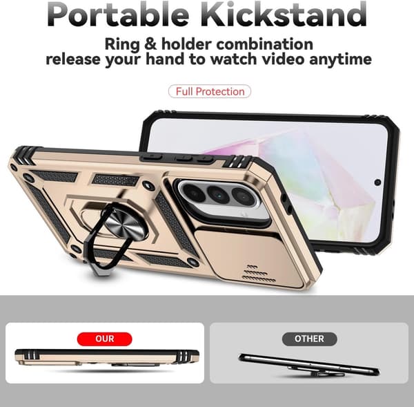 Samsung Galaxy A56 5G Mobilskal, Stöttålig PC-rustning, Skjutbart Kameraskydd, 360° Ringstöd, Kompatibel med Bilfäste, Guld
