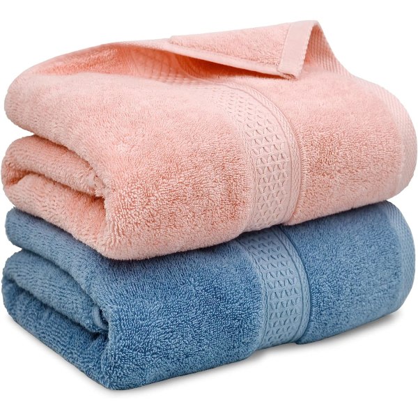 Ultramjuk sæt med 2, 100 % bomuldshanddukar til brusebad, spa eller simning, middelvikt ekstra absorberende badhanddukar 55 x 27 1/2 tum (rosa, bl.a. CDQ