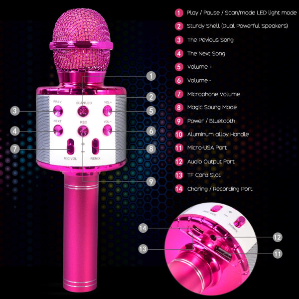 Karaoke Bluetooth trådløs mikrofon, barnemikrofon for voksne, 5 stemmeskifter