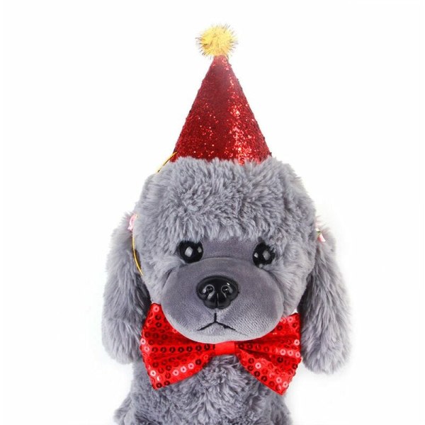 Pet Julfluga Jul Hund Hatt Kostym for små medelstora katte og hundar Julfest Röd hatt og röd fluga - Guld hatt og guld fluga