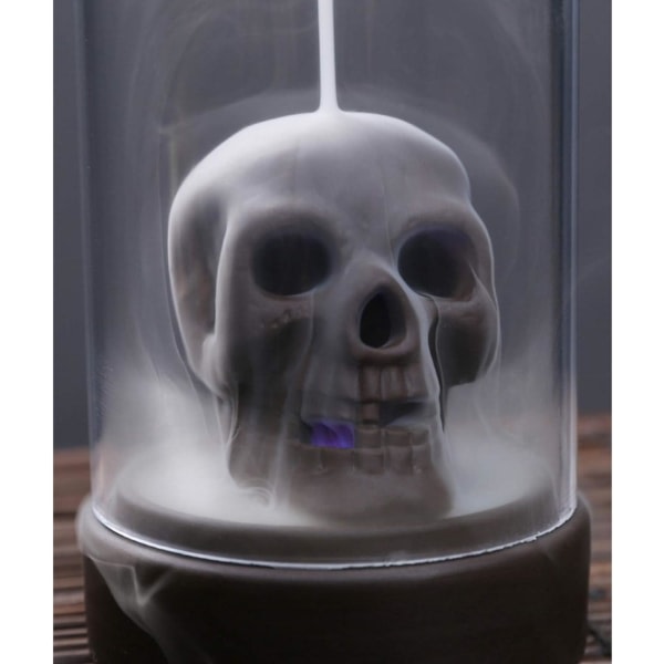CDQ Handgjord keramisk backflow rökelsehållare med LED-lampor och akryl vindtätt lock för heminredningsaromaterapi (Skull 1)