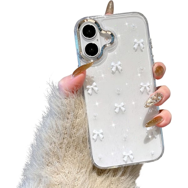 Cover til iPhone 16 Plus, Bling Glitter 3D Roset Telefon Cover Sødt Glitrende Krystalklart Roset Slim Blødt Holdbart Beskyttende Etui Whit White iPhone 16 Plus