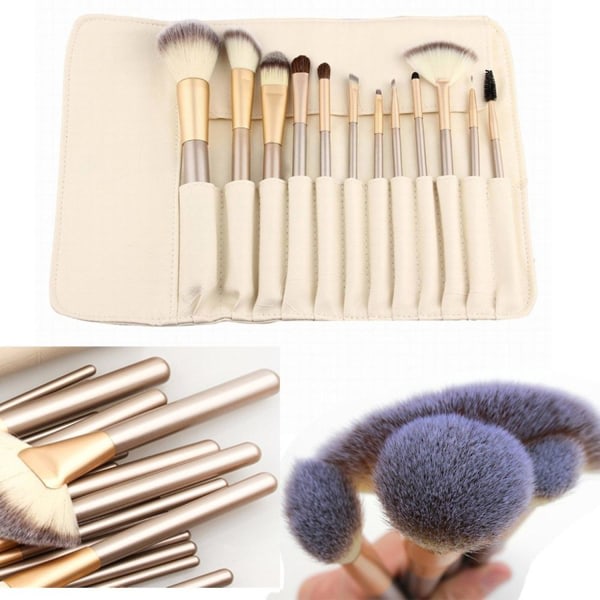 Professionella Kabuki sminkborstar set vit krämfärgad case | 12 delar Cosmetics Foundation Brush Kit