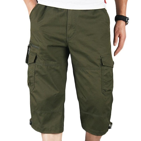Män Plain 3/4 Längd Cargo Pants Combat Multi Lommer Army Green 3XL zdq