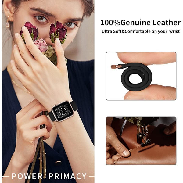 Apple Watch lærreim, erstatningsreim i ekte lær for Apple Watch Series 9 8 7 6 5 4 3 2 1 & iWatch SE, Ultra (38mm 40mm 41mm, svart) Black