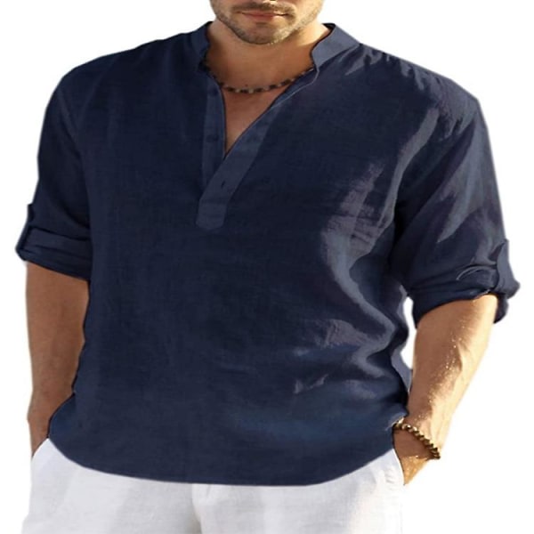 Långärmad linneskjorta herr, casual i bomull och linne, S-5xl topp, Ny design gratis frakt_p Navy blue XL zdq