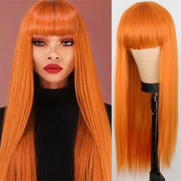 CDQ Kvinnors helhuvud peruk sett langt rakt hårmodus dam oransje medellångt hår realistisk lugg hovedsett 75cm