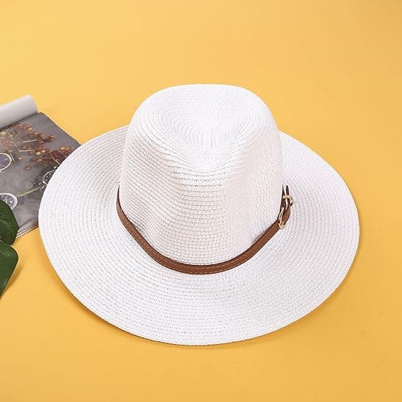 Herre Dame UPF50 Foldbar Sommer Stråhat Bredskygget Fedora Solhat Strandhat (Hvid, One Size)