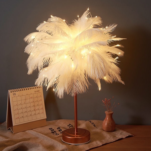 CDQ Kreativ fjäderbordslampe med fjernkontroll USB/AA batteri power bordslampa träd fjäder lampskjerm fødelsedags nattlampa, vit