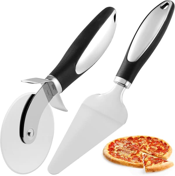 2 pizzahjul og ostespade i rustfritt stål - skarp pizzakutter, ergonomisk håndtak - for pizza, deig