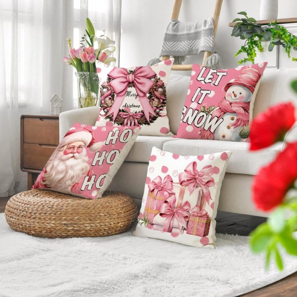 Julkuddfodral 18 x 18 Set med 4 Rosa Snowman Jultomten Julkrans Vinter Semesterkuddfodral Dekorativt