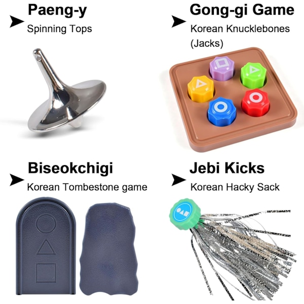 Squid Game 2, Koreansk Tradisjonell Lek, Koreansk Folkespill Sett – Jack Stone Lekesett Inspirert av Squid Game 2 (9st+Base)，Familiespill på R Korean Folk Games Set