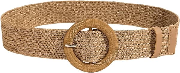 Western Boho stråvævet bælte til kvinder, elastisk taljebælte med rundt spænde til kjoler, bluser og frakker, khaki