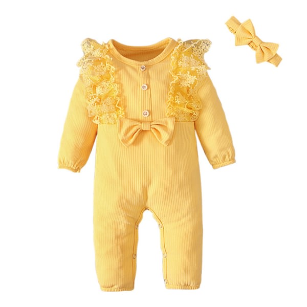 CDQ Lång tröja med spetsærm i ren farve med pannband for barn-gul