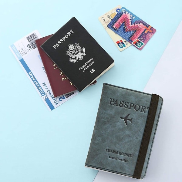 Cover, Pu-läder case Organizer för pass, kreditkort, boardingkort (plånbok+tagg) sininen 13,7*10,5cm
