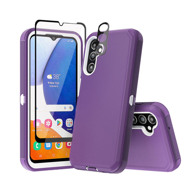 Xhy Samsung Galaxy A14 5G- case med skärm och linsskydd Militärklass Heavy Duty Protection 3 i 1 Stötsäker rustning Robust Hållbar fo purplewhite