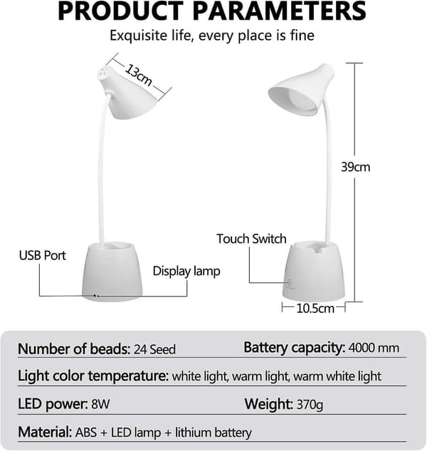 LED-bordlampe med 3 lysmoduser, berøringssensor, dimbar og 360° rotasjon for lesing, studier, arbeid (hvit)_tfrf