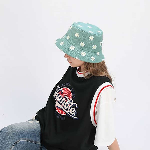 Söt bucket hat strandfiskehattar för kvinnor, vändbar dubbelsidig användning Flower Green