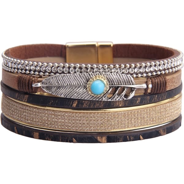 Heyone lädermanschettarmband for women med multi fjäderarmband omslagsarmband turkos Boho armring flätat läder