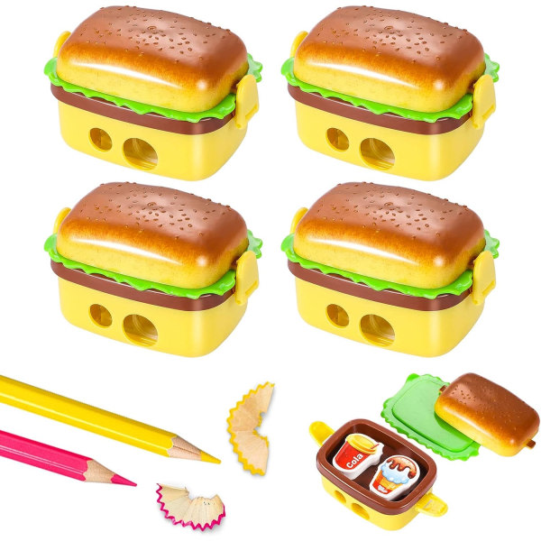 4 stk Hamburger blyantspidser, sjov bærbar manuel blyantspidser med viskelæder, kompakt dobbelthuls blyantspidser med kasket til skolebørn