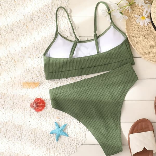 Kvinnor Hög Midja Ribbad Cami Bikini Baddräkt Armégrön L-US12