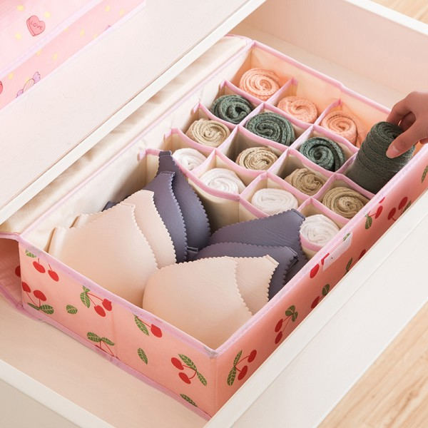 Söt tecknad printed Oxford tyg 13 Grid Strumpor BH Trosa Underkläder Organizer rosa persika zdq