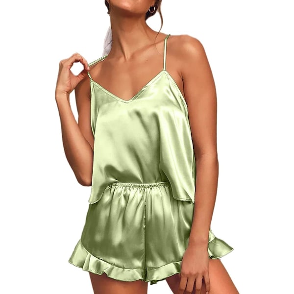 RII Dame Sexet Silke Satin Flæse Pyjamassæt Cami Shorts Sæt Nattøj