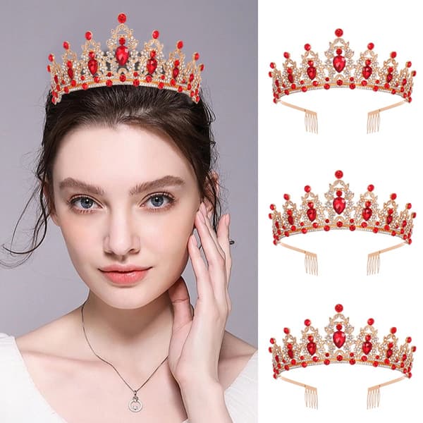 Rød Krystall Dronning Krone Gull Tiara med Kammer, 3A Rhinestone Brudehodeplagg for Kvinner Bryllup Bursdag Ballfest