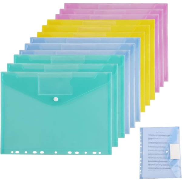 12 A4-lommer i plast, a4 gennemsigtige hulmapper, 6 farver, a4 plastmapper med knapper, plastmapper