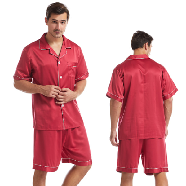 Herr siden satin pyjamasset kortärmad skjorta och shorts röd red M