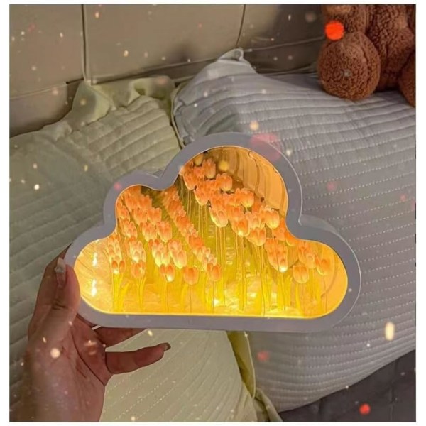 Camidy DIY Tulipan Nattelys Speil Simulering Tulipan Soverom Sovebord Lampe Blomster Dekor Lampe Pink