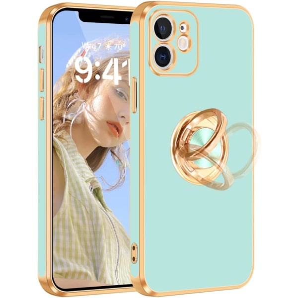 iPhone 12-deksel, iPhone 12-telefondeksel med stativ, [360° roterbar ringhållare magnetisk stativ], blågrönt/guld