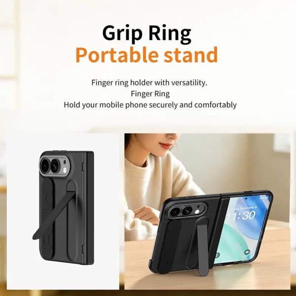 Fodral för iPhone Duo Foldable 2026 med inbyggt skärmskydd, dolt stativ, gångjärnsskydd, magnetisk ring, grå