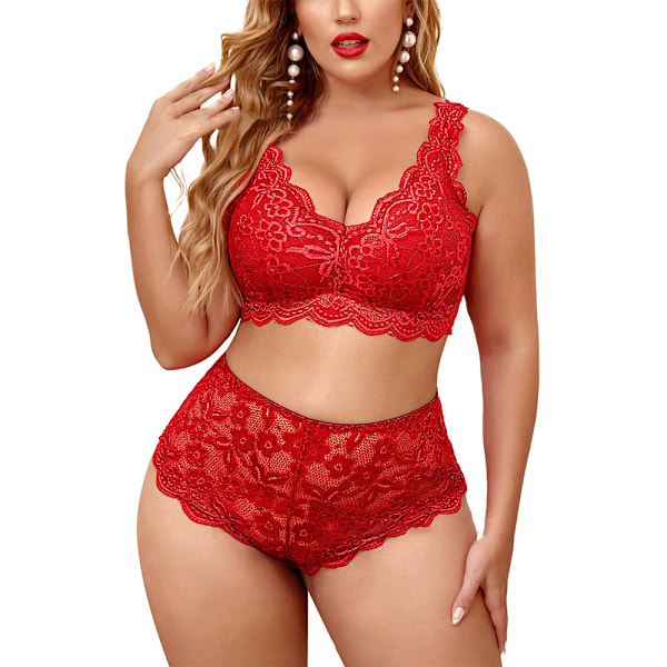 Dame Plus Size Sexy BH & Truser Nattøy Pyjamas Undertøy Sett Rød 3XL 3XL red