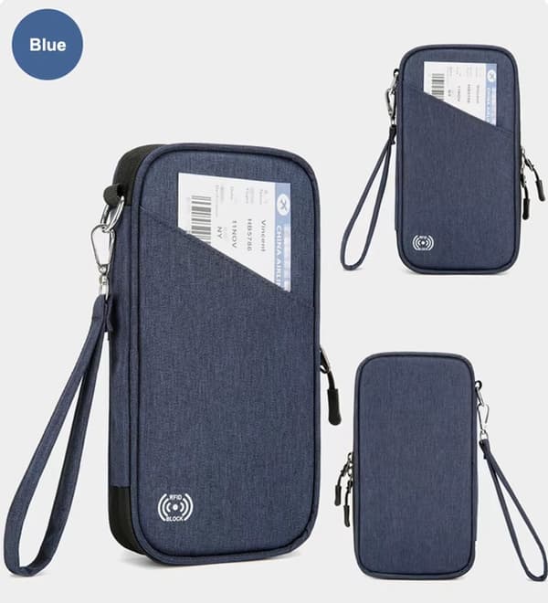 Paspengepung, RFID-blokerende vandtæt nylon rejsearrangør med håndledsrem, til rejser, mørkeblå, 23x13x3 cm