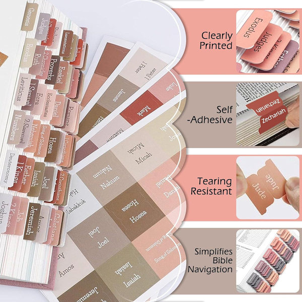 Self-Adhesive Bible Tabs - 75 Laminated - Rose Gray - English Version - For Bible Study & Journaling
