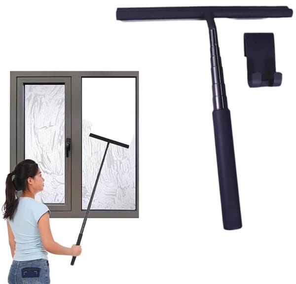 Extendable Shower Squeegee - 97 cm Telescopic Handle - Aluminum/Silicone - Black - With Holder - For Shower, Window, Mirror, Tile, Car
