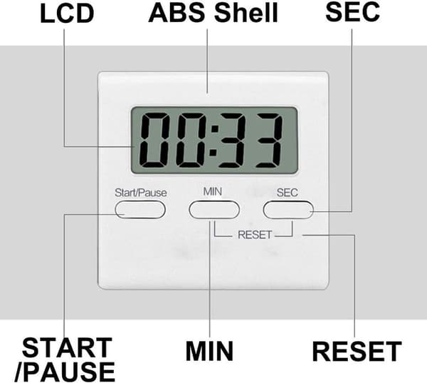 Digital kökstimer, stor LED-display, räkna upp och ner, magnetisk baksida och dolt stativ, för kök, klassrum och gym, vit