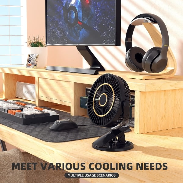Svart skrivebordsmatte med klamme, 5 hastigheter bærebar, tyst liten bordsledning med batteri, oppladningsbar 720° rotasjon og LCD-skjerm CDQ