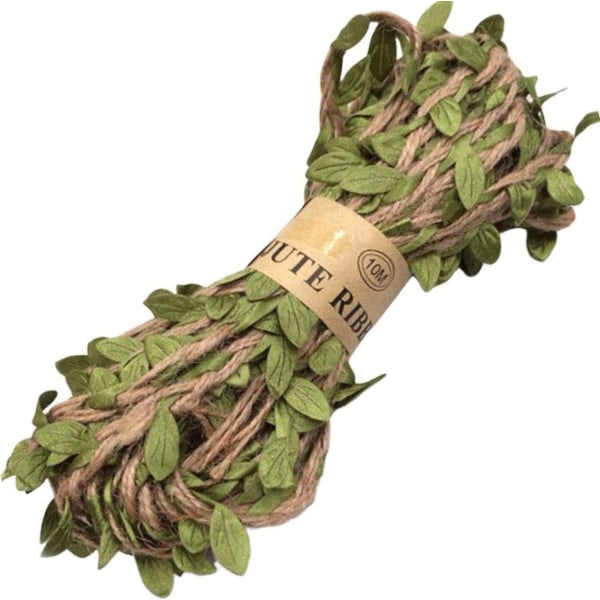CDQ 10 m naturlig jutesnöre, 4-lagers hantverkstråd, stickad bomullssnöre, förpackningstejprulle med grønt blad