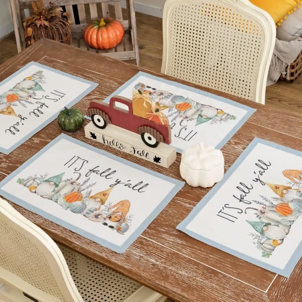 Höstens bordstabletter, 12x18 tums set med 4 tomtar Pumpor It's Fall Y'all Bordsdekor för kök, middagar inomhus och utomhus (Blue Gnome)