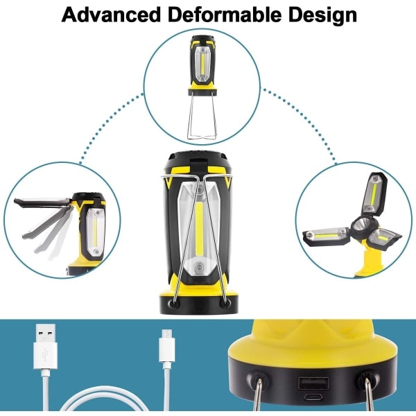 Bärbar LED 6-läges superljus USB 1000 LM hopfällbar för vandring, camping, fiske, nödsituationer och fel