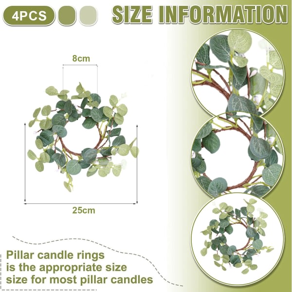 CDQ 4st pelare ljusringar, eukalyptusblad kransar grön